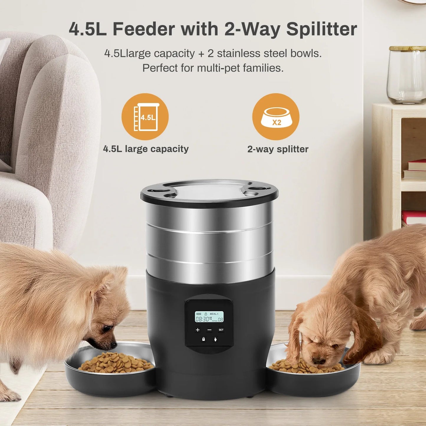 4.5L Automatic Cat Feeder With WiFi Button Smart Pet Cat/Dogs Food Dispenser Two Stainless Steel Bowls Feeder Pet Supplies