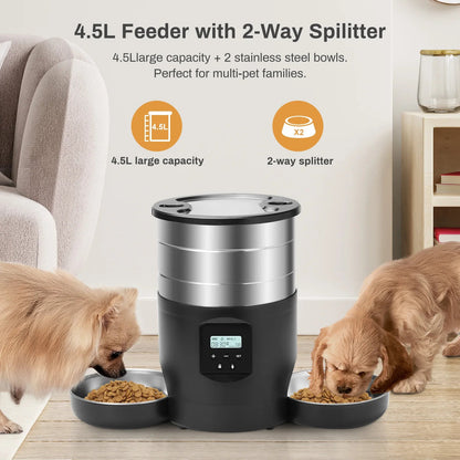 4.5L Automatic Cat Feeder With WiFi Button Smart Pet Cat/Dogs Food Dispenser Two Stainless Steel Bowls Feeder Pet Supplies