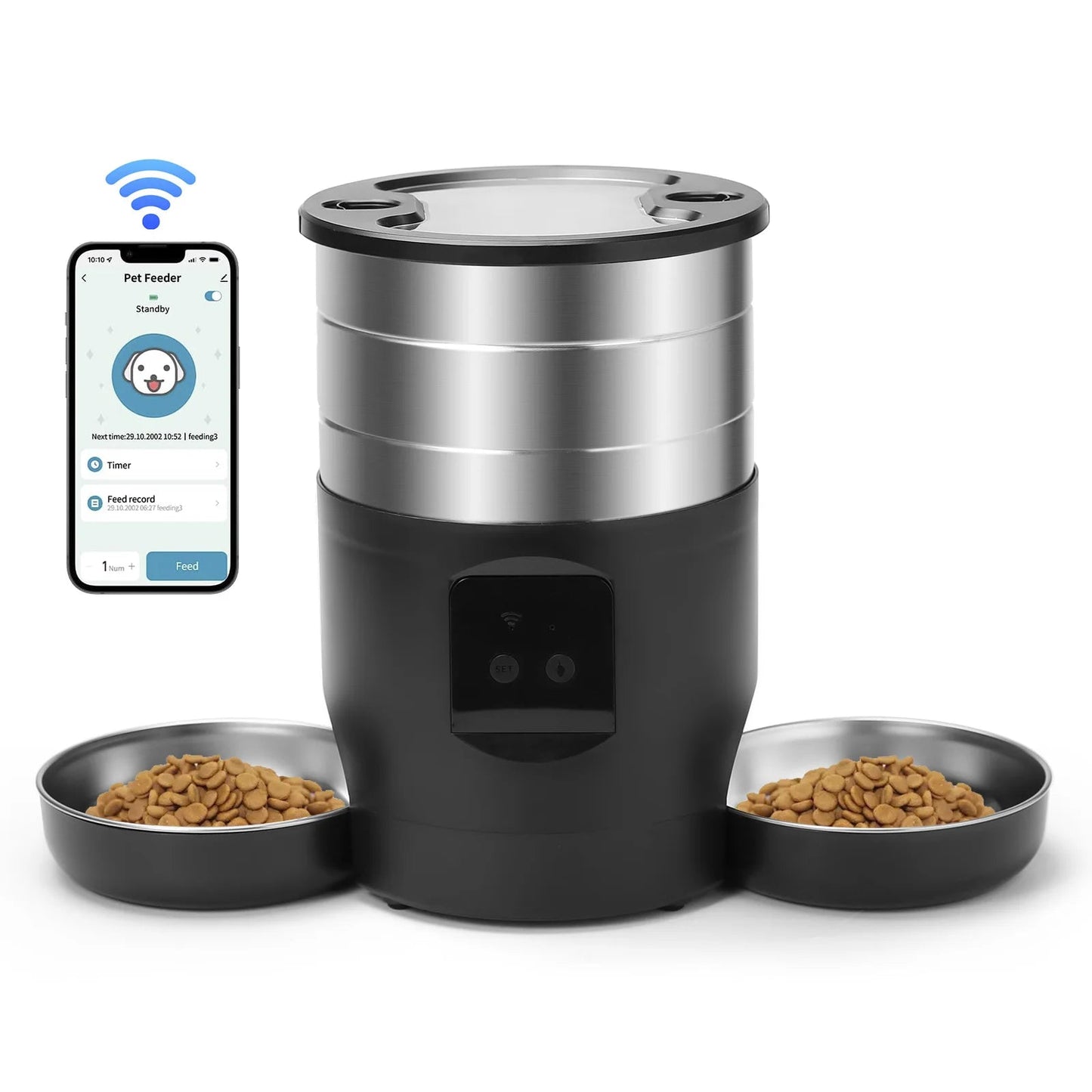 4.5L Automatic Cat Feeder With WiFi Button Smart Pet Cat/Dogs Food Dispenser Two Stainless Steel Bowls Feeder Pet Supplies
