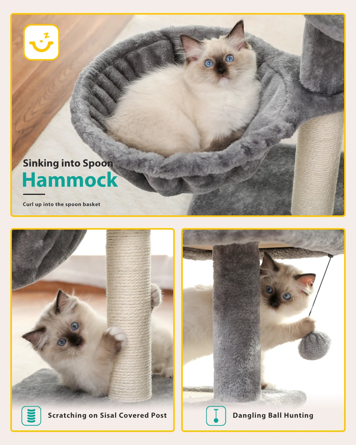 Cat tree Cat Tower for Indoor Cats 2 Styles Cat Activity Tree with Cat Scratching Posts Big Hammock and Removable Top Perch Grey