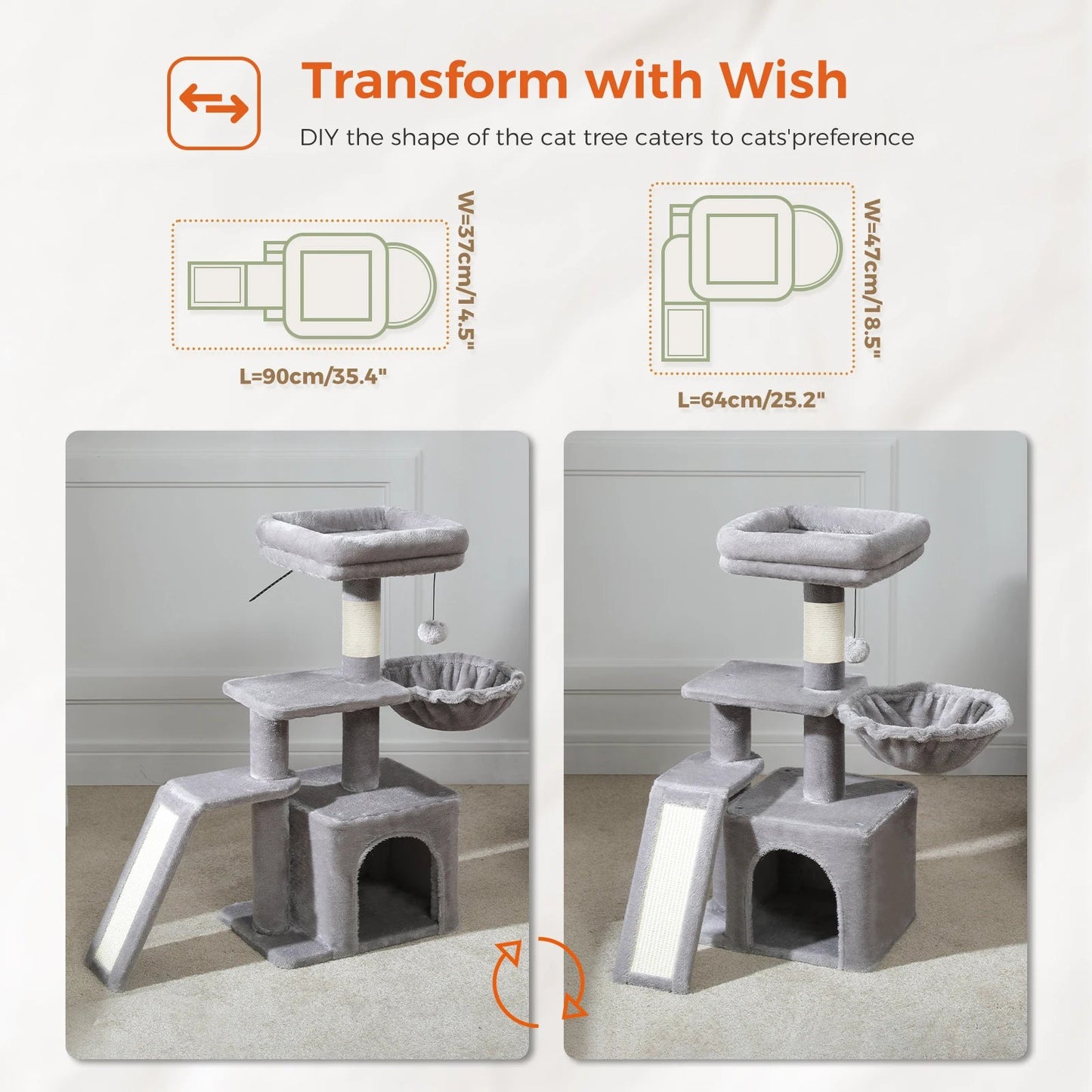 Cat tree Cat Tower for Indoor Cats 2 Styles Cat Activity Tree with Cat Scratching Posts Big Hammock and Removable Top Perch Grey