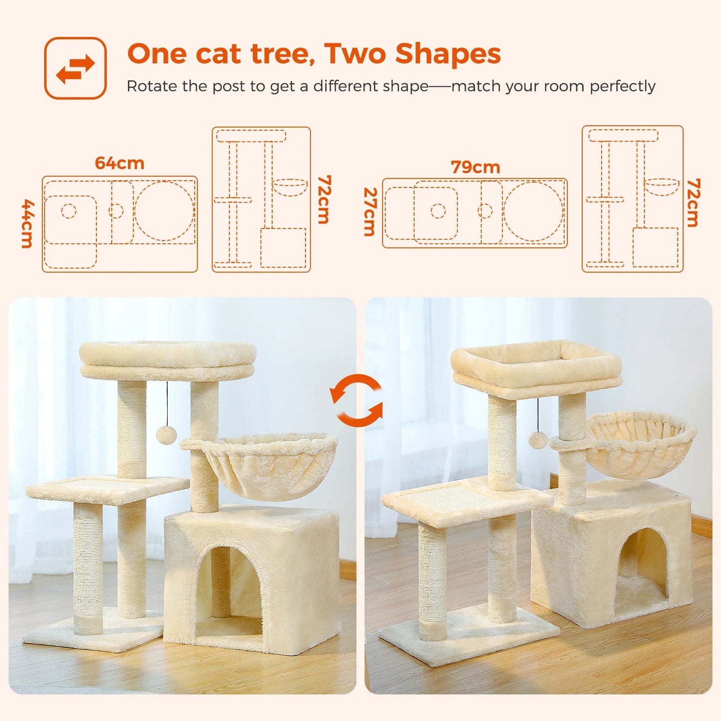 Cat tree Cat Tower for Indoor Cats 2 Styles Cat Activity Tree with Cat Scratching Posts Big Hammock and Removable Top Perch Grey