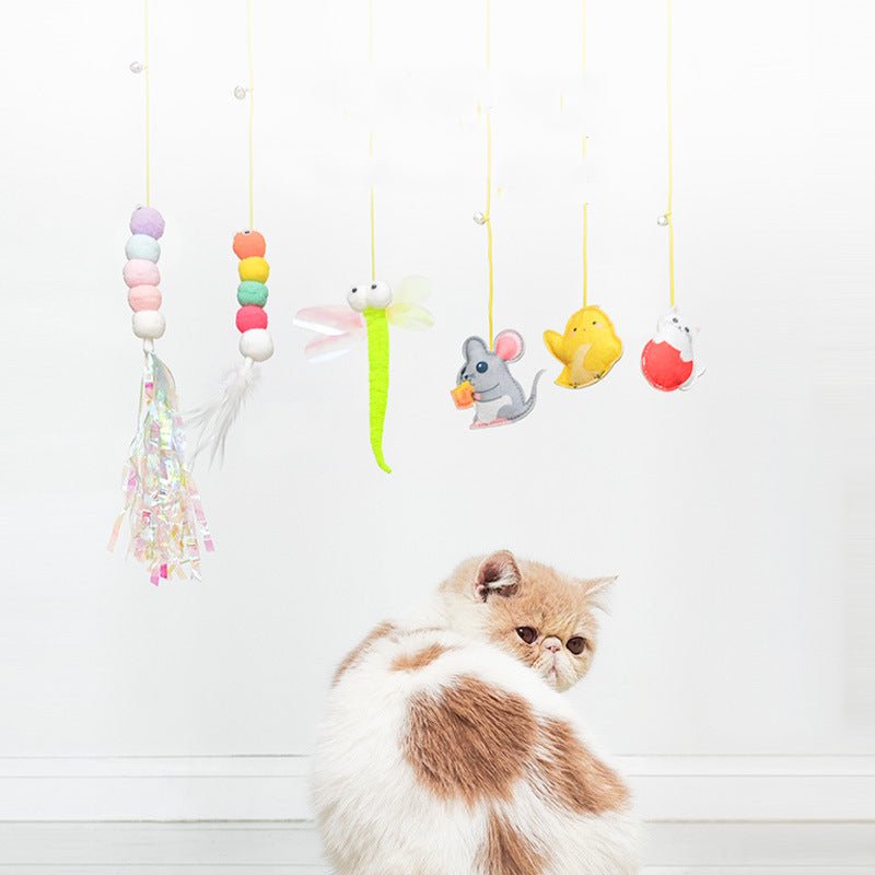 Pet Cat Toys Funny Stick Kitten Self -hi Elastic Rope Dragonfly Shape Feather Bell Teasing Stick Hanging Swing Thousands