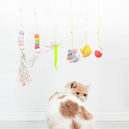 Pet Cat Toys Funny Stick Kitten Self -hi Elastic Rope Dragonfly Shape Feather Bell Teasing Stick Hanging Swing Thousands