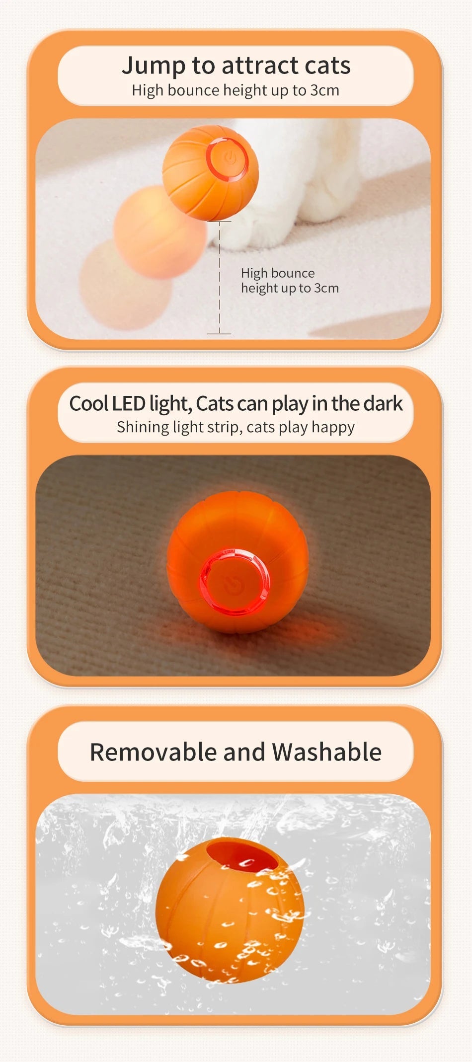 ROJECO Smart Cat Toys Automatic Bouncing Cat Ball Interactive Rolling Ball For Cats Pet Smart LED Self Moving Toys Accessories